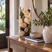 Tall glass cylinder vase filled with natural dried potpourri on a wooden console table - thumbnail number 9