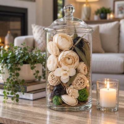 Glass apothecary jar filled with natural dried potpourri and a lit candle on a table - thumbnail number 10
