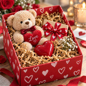 Natural brown paper shred used as decorative gift basket filler around a teddy bear and gifts - thumbnail number 3