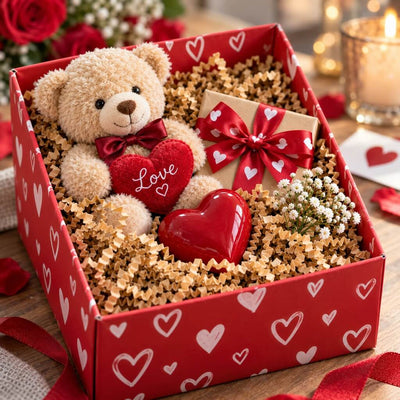 Natural brown paper shred used as decorative gift basket filler around a teddy bear and gifts - thumbnail number 3