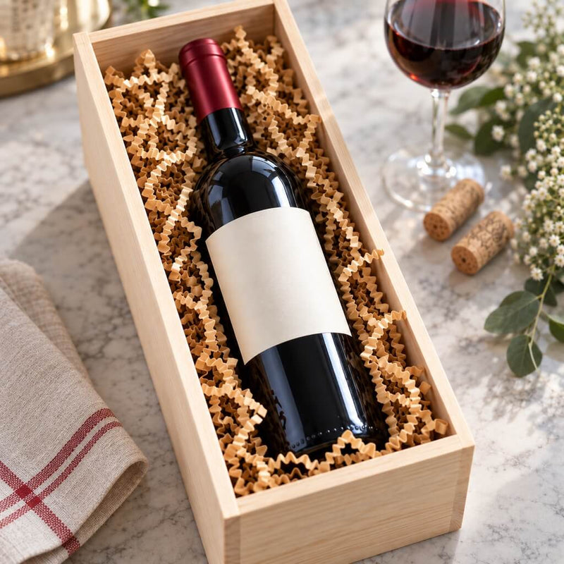 Natural brown paper shred used as packing filler in a wooden wine box next to a glass of wine - thumbnail number 11