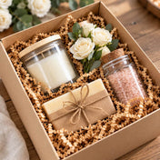 Natural brown paper shred used as gift box filler holding a candle, soap, bath salts, and flowers - thumbnail number 5