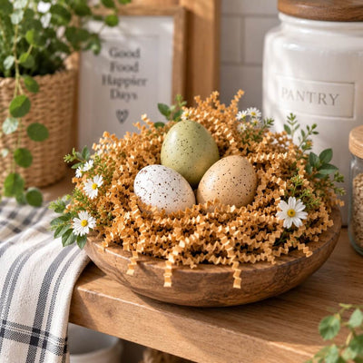 Natural brown paper shred used as a nest filler for decorative eggs in a bowl - thumbnail number 9