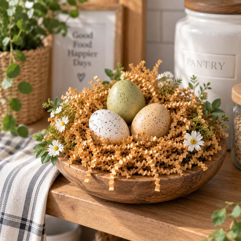 Natural brown paper shred used as a nest filler for decorative eggs in a bowl - thumbnail number 9