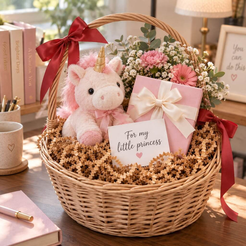 Natural brown paper shred used as gift basket filler holding a plush unicorn, flowers, and a gift box - thumbnail number 10