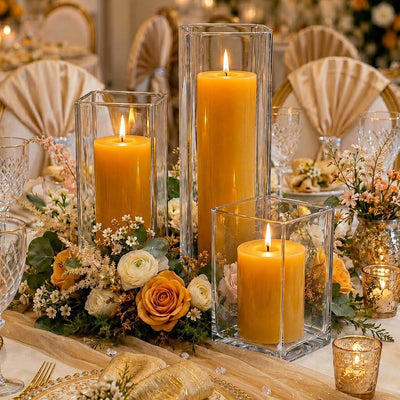 Square vases with lit yellow pillar candles on a tablescape - thumbnail number 10