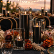 A luxury coastal tablescape featuring the Square Pillar Candle Holder triplet set - thumbnail number 5