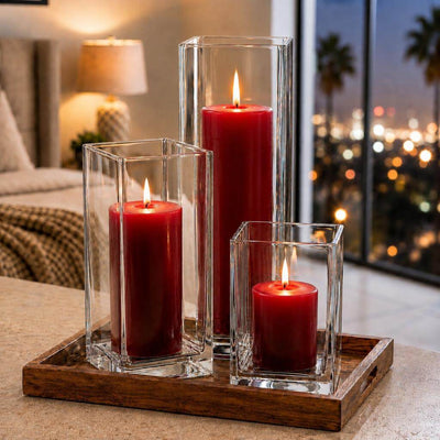 A cozy room centerpiece featuring a trio of red candles in a Square Pillar Candle Holder setup - thumbnail number 7