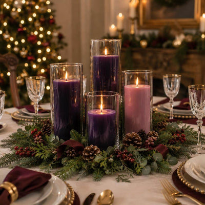 Purple pillar candles in glass holders on a holiday wreath centerpiece - thumbnail number 3