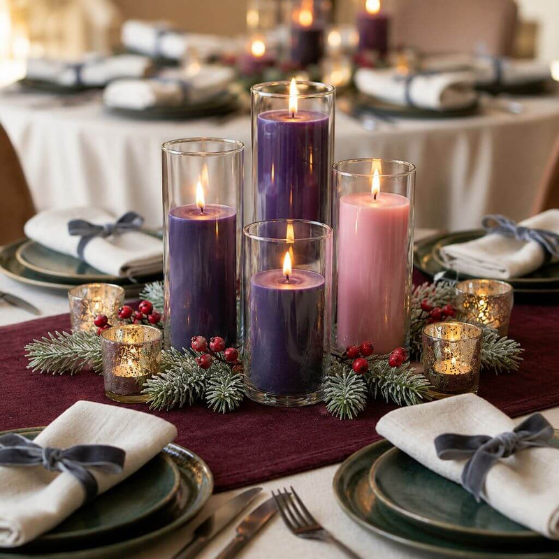 Purple and pink pillar candles in glass holders on a holiday table - thumbnail number 4