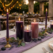 Purple pillar and taper candles with greenery centerpiece and runner - thumbnail number 5