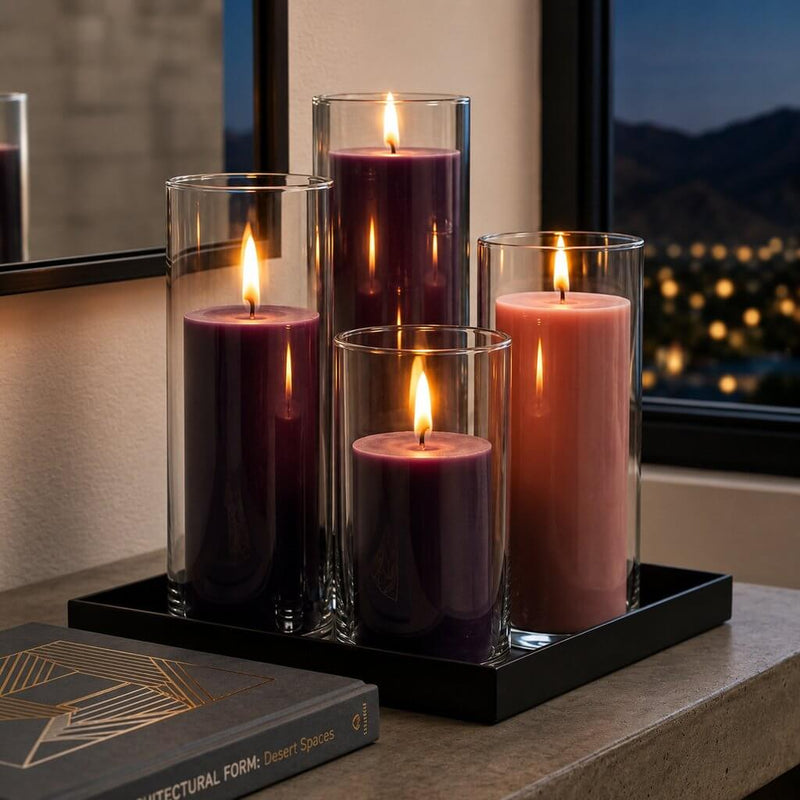 Purple and pink pillar candles in glass holders on a tray - thumbnail number 6