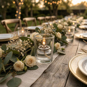 Clear glass fuel cell candle in a clear holder on an outdoor romantic tablescape - thumbnail number 4