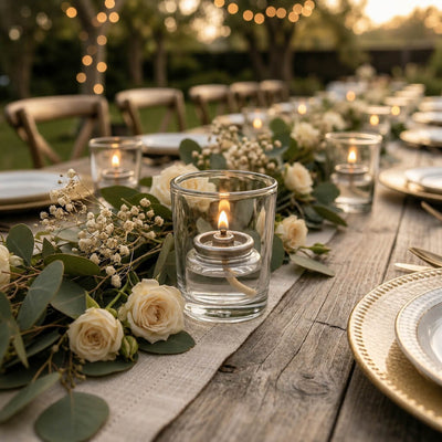 Clear glass fuel cell candle in a clear holder on an outdoor romantic tablescape - thumbnail number 4
