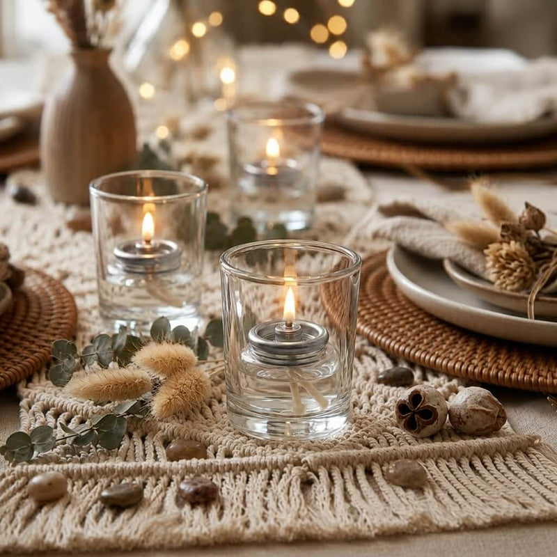 Lit fuel cell candles with woven table setting and dried accents - thumbnail number 5