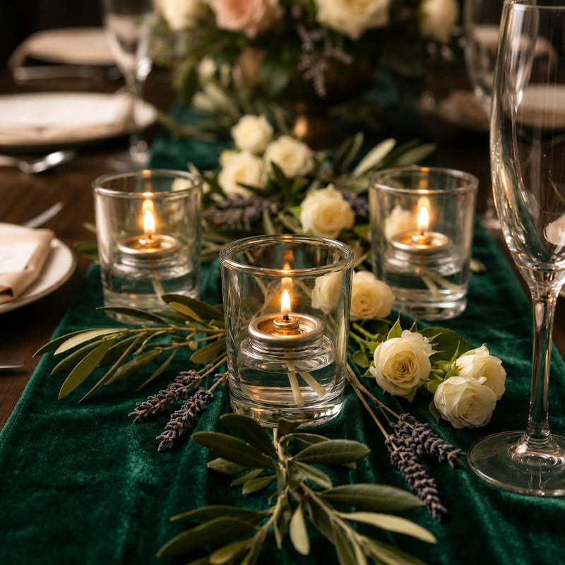 Lit fuel cell candles with greenery and white rose table centerpiece - thumbnail number 6