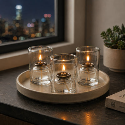 Three lit fuel cell candles on modern tabletop beside window - thumbnail number 8