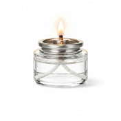 Lit Liquid Paraffin Fuel Cell in clear glass container with silver top and white wick - thumbnail number 2