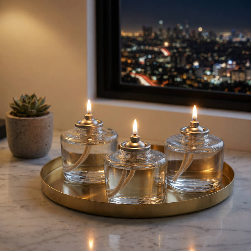 Three lit liquid paraffin fuel cells on elegant tabletop tray - thumbnail number 7