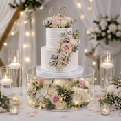 Three-tier wedding cake on a clear acrylic fillable riser with flowers and lights - thumbnail number 2