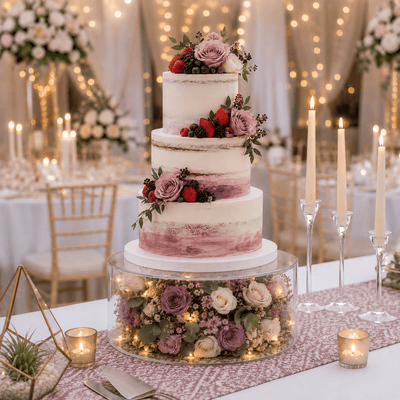 Multi-tier wedding cake on a clear acrylic fillable riser with flowers and lights - thumbnail number 3