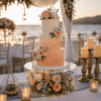 Three-tier ombre wedding cake on clear acrylic fillable riser with flowers - thumbnail number 4
