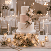 Three-tier wedding cake on a clear acrylic fillable riser with flowers and lights - thumbnail number 7