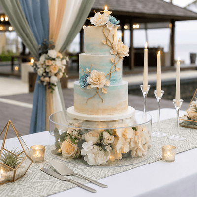 Three-tier wedding cake on a clear fillable acrylic riser with floral decor - thumbnail number 5