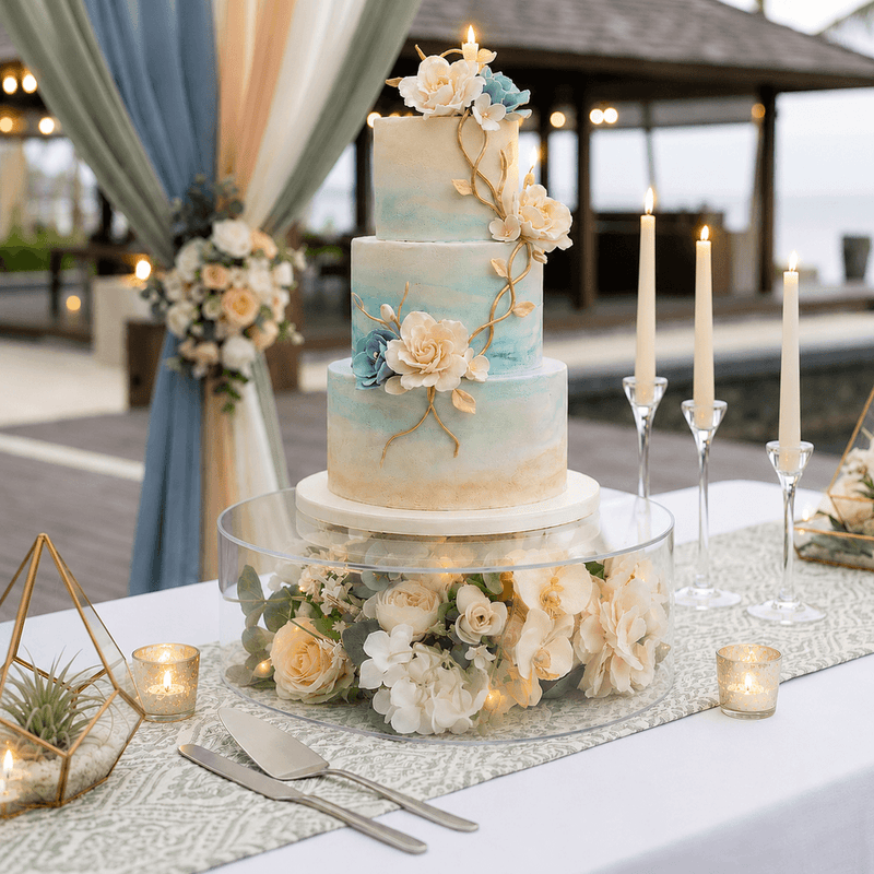 Three-tier wedding cake on a clear fillable acrylic riser with floral decor - thumbnail number 5