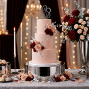 Silver mirror round cake stand showcasing a three-tier wedding cake with red roses - thumbnail number 4