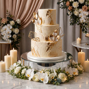 Silver mirror finish round cake stand displaying a three-tier wedding cake with white and gold decor - thumbnail number 5