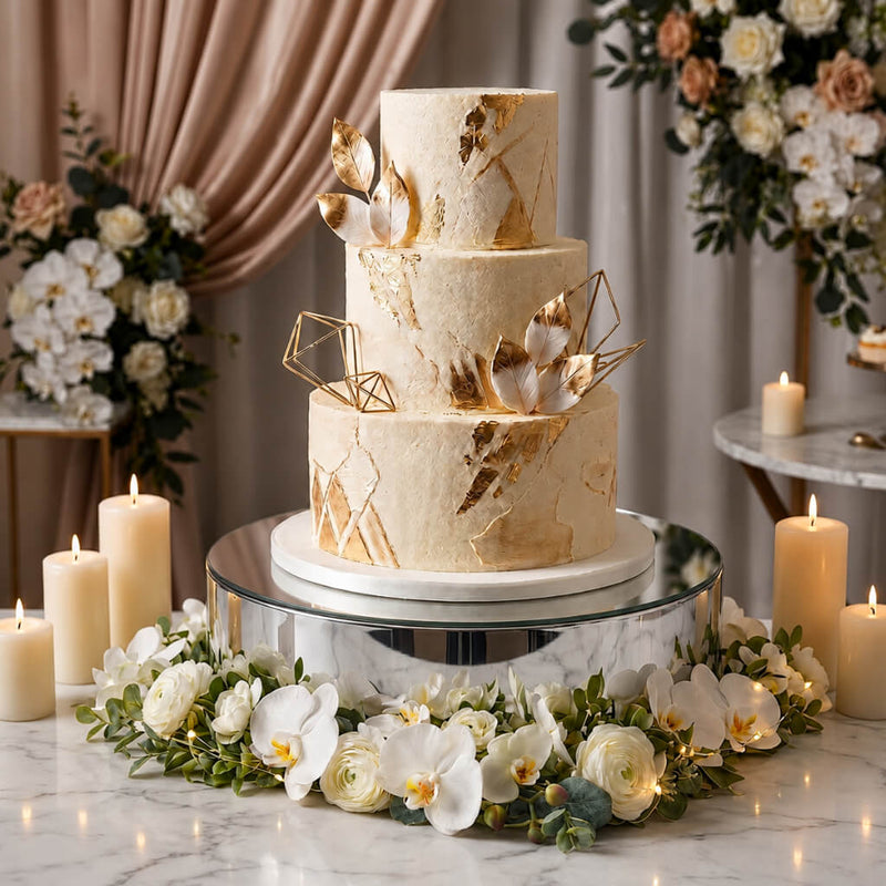 Silver mirror finish round cake stand displaying a three-tier wedding cake with white and gold decor - thumbnail number 5