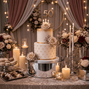 Silver mirror round cake stand displaying a two-tier 50th birthday cake with candles and flowers - thumbnail number 6