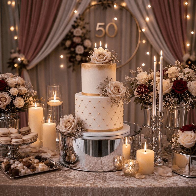 Silver mirror round cake stand displaying a two-tier 50th birthday cake with candles and flowers - thumbnail number 6