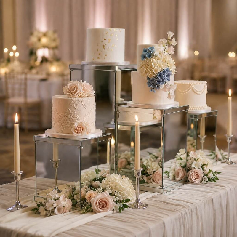 Silver mirrored acrylic display boxes holding multiple wedding cakes - thumbnail number 2