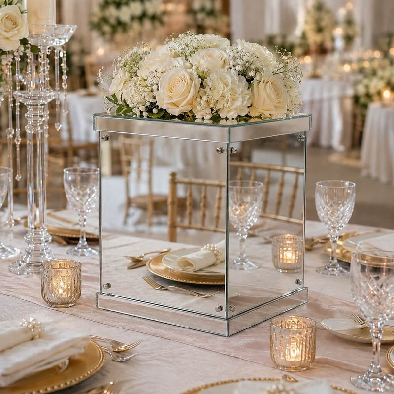 Silver mirrored acrylic display box topped with white roses and baby's breath as a table centerpiece - thumbnail number 4