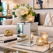 Silver mirrored acrylic display box styled with white hydrangeas and candles on a coffee table - thumbnail number 7