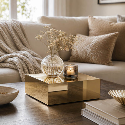 Gold mirror finish acrylic box stand styled with a ribbed glass vase of dried florals and a candle - thumbnail number 6