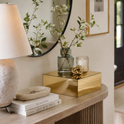 Gold mirror finish acrylic pedestal riser styled with a glass vase of branches and a candle - thumbnail number 3