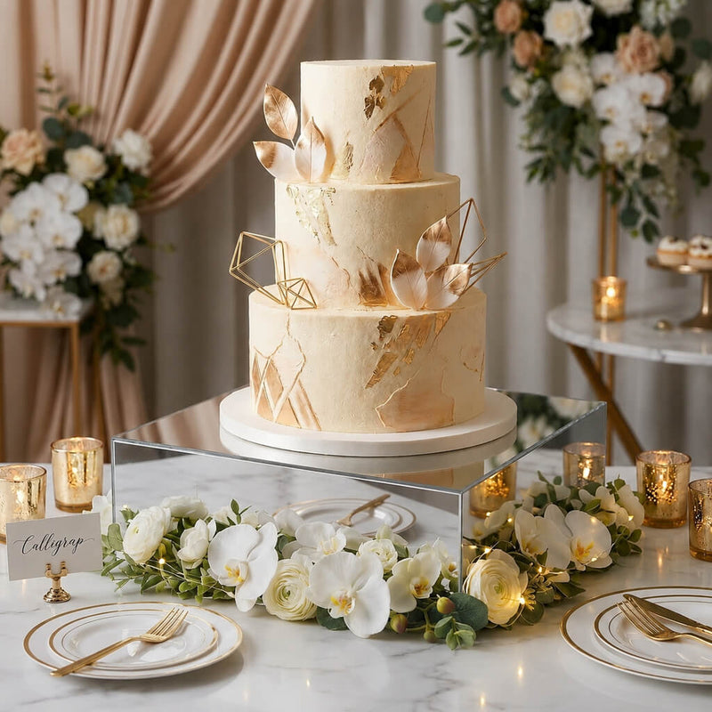 Silver mirror finish acrylic cake box stand displaying a tiered wedding cake surrounded by florals - thumbnail number 2