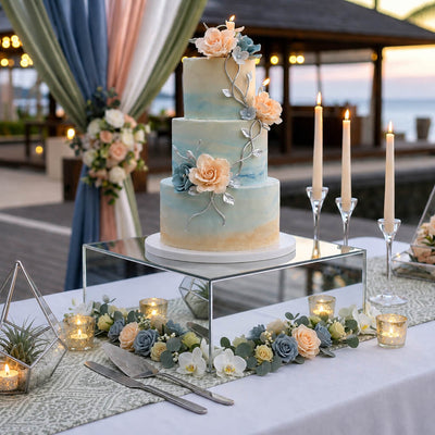 Silver mirror finish acrylic riser displaying a multi-tier wedding cake decorated with floral accents - thumbnail number 5
