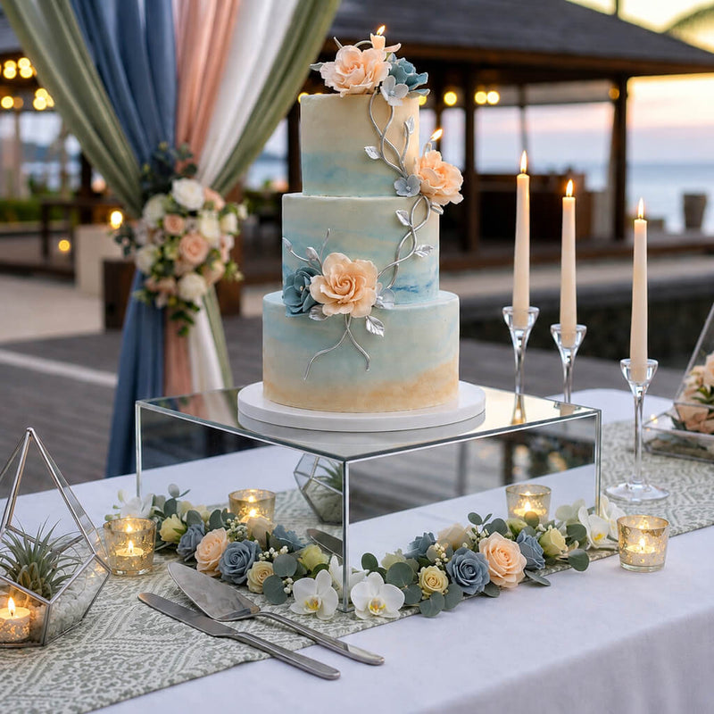 Silver mirror finish acrylic riser displaying a multi-tier wedding cake decorated with floral accents - thumbnail number 5