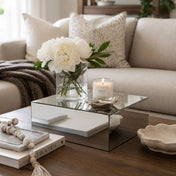 Silver mirror finish acrylic box stand styled with a vase of white flowers and a candle - thumbnail number 6