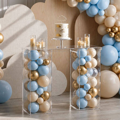 Clear acrylic table bridge connector plate styled with blue and gold balloons for a baby shower - thumbnail number 3