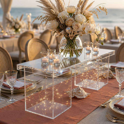Clear acrylic table bridge connector plate bridging two risers with floral decor - thumbnail number 4