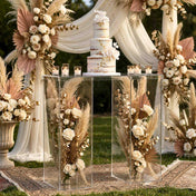Clear acrylic table bridge connector plate supporting a wedding cake and floral display - thumbnail number 5