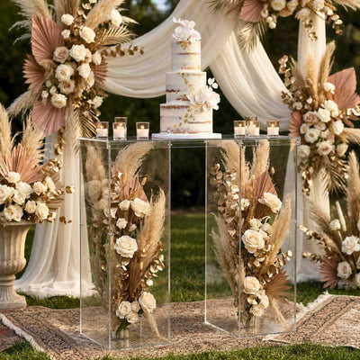 Clear acrylic table bridge connector plate supporting a wedding cake and floral display - thumbnail number 5