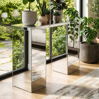 Silver mirrored rectangular pedestal table with potted plants on top - thumbnail number 6