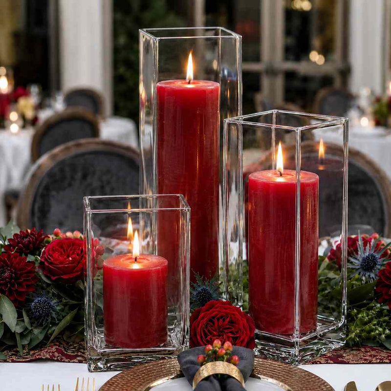 Richland Pillar Candle 3" & Eastland Square Holder 6" Set of 12 - Red - thumbnail number 4