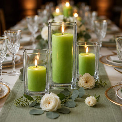 Richland Pillar Candle 9" & Eastland Square Holder 12" Set of 12 - Green - thumbnail number 3